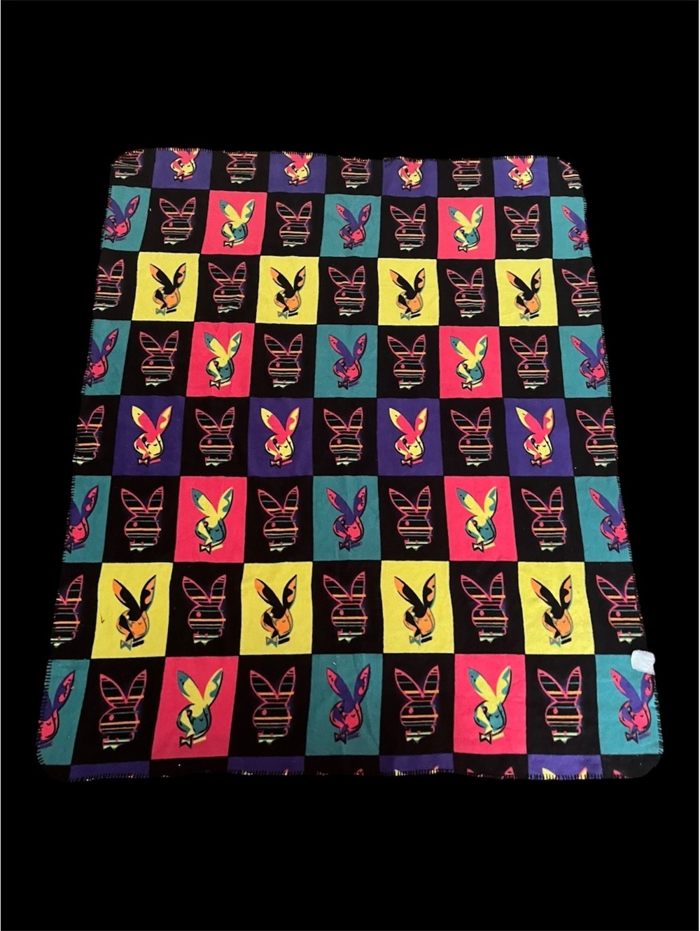 VTG Playboy Fleece Blanket Colorful Bunny Logo Checkered Pattern Retro Neon Pop